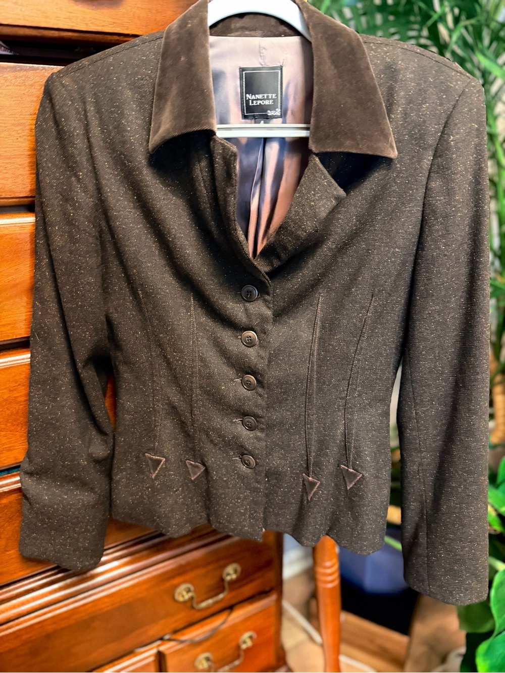 Nanette Lepore Women's Brown Velvet Collared Button-Front Jacket